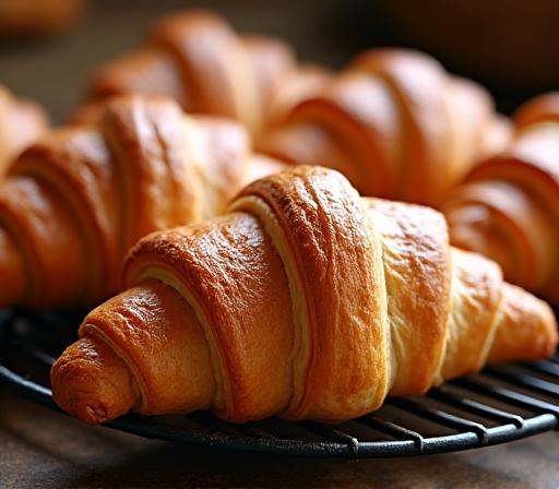 Croissants recién horneados sobre una rejilla.