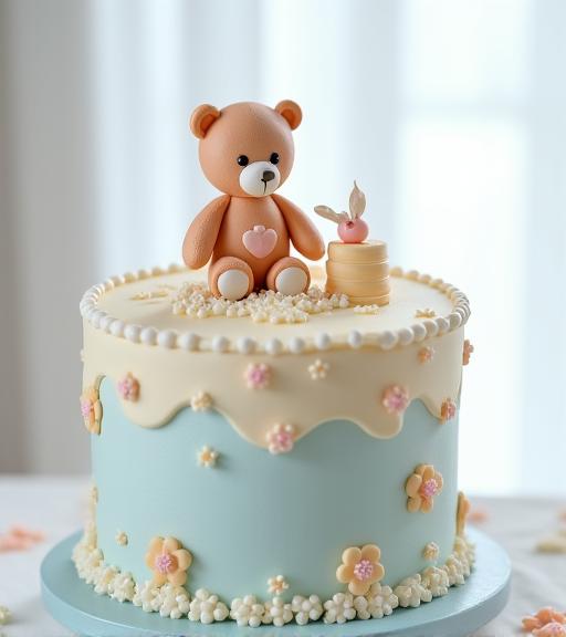 Delicado pastel de bautizo con temática de osito.