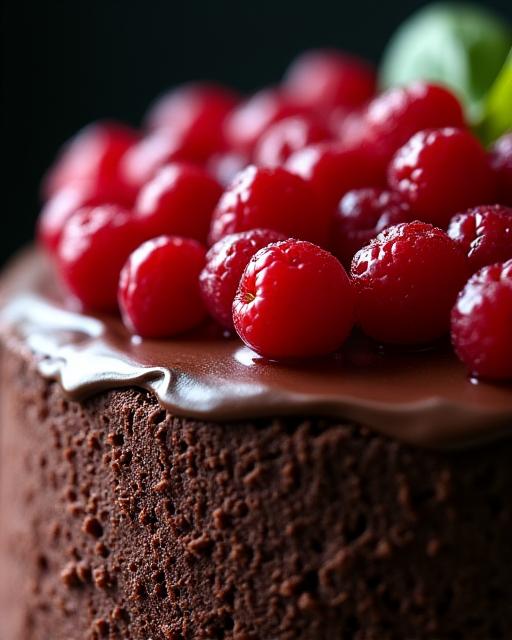 Tarta de chocolate intenso con frutos rojos frescos.